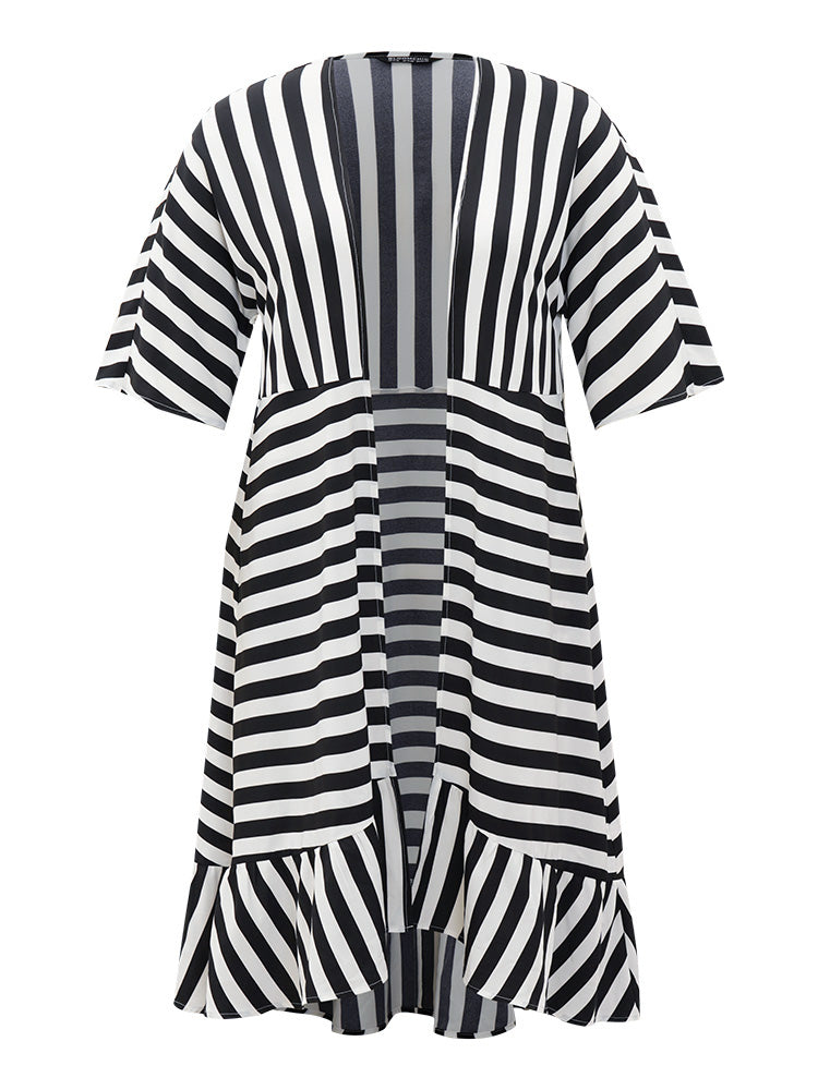 Striped Ruffle Hem Pocket Open Front Kimono