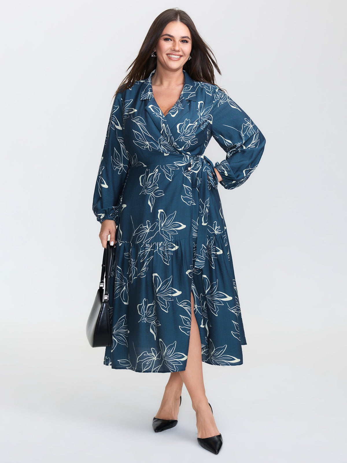 Silhouette Flower Print Wrap Neck Midi Dress