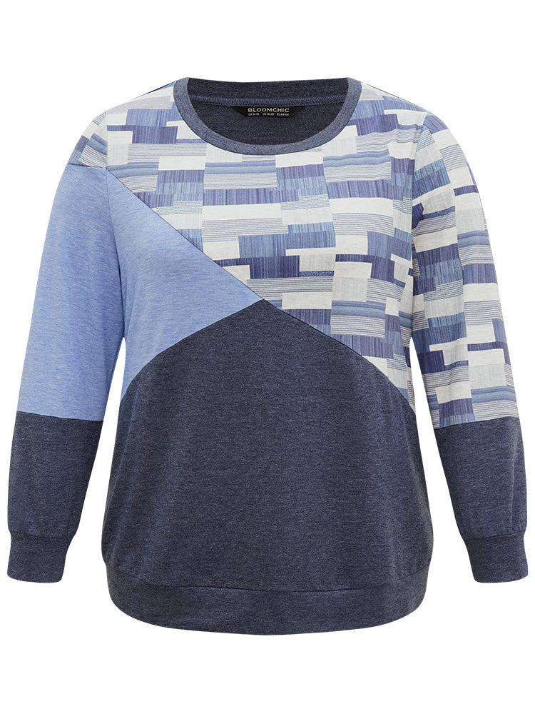 Geometric Colorblock Contrast Crew Neck Sweatshirt