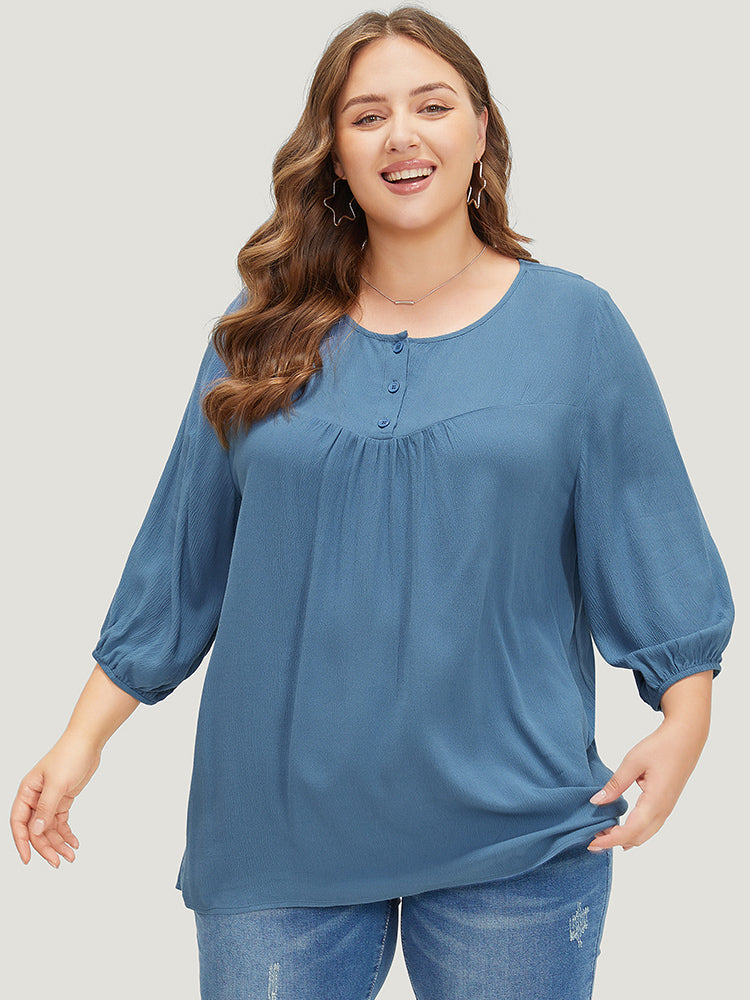 Plain Button Up Gathered Lantern Sleeve Blouse