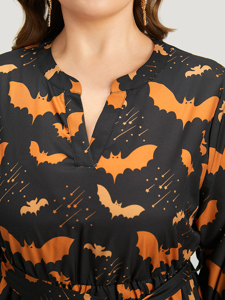 Halloween Bat Print Notched Belted Pocket Dress