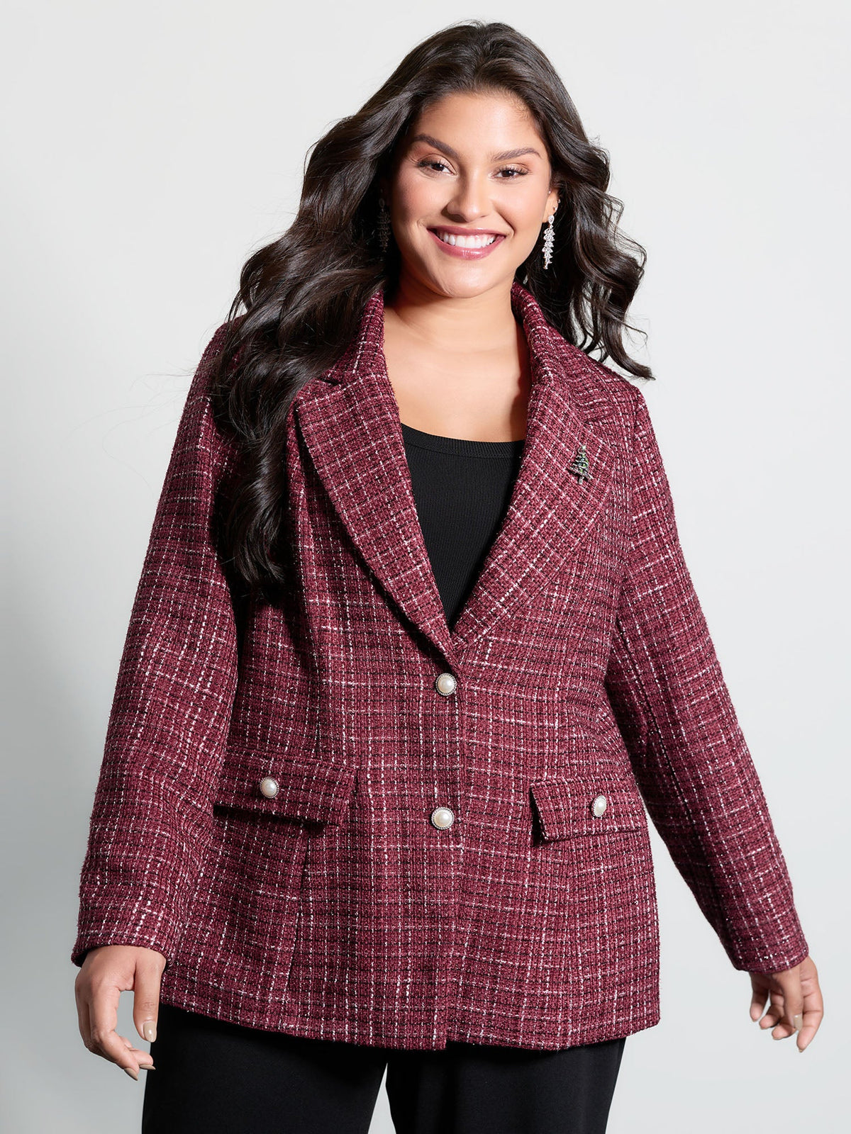 Tweed Brooch Waist-Defining Blazer