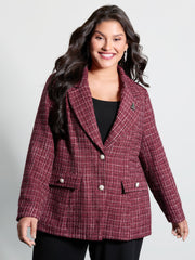 Tweed Brooch Waist-Defining Blazer