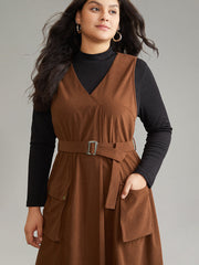 Solid Belted Buckle Detail Flap Pocket Sleeveless Dress