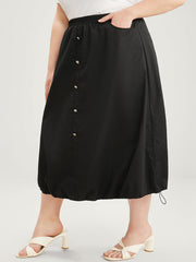 Solid Pocket Button Detail Drawstring Hem Skirt