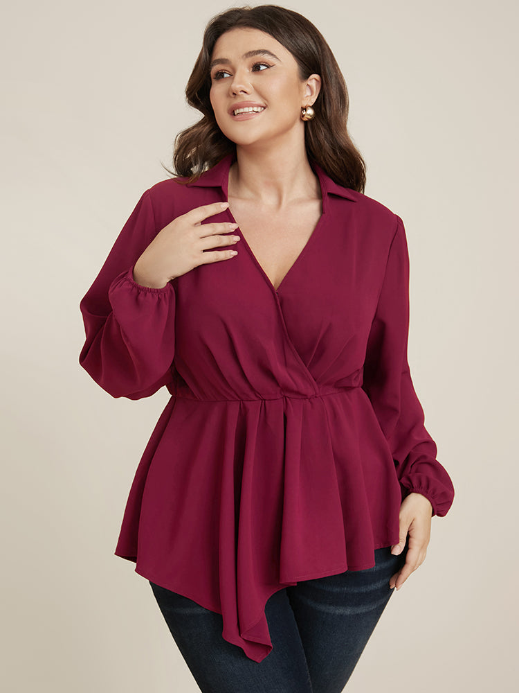 Solid Lantern Sleeve Surplice Neck Asymmetrical Hem Blouse