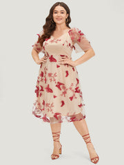 Silhouette Floral Print Mesh Puff Sleeve Dress