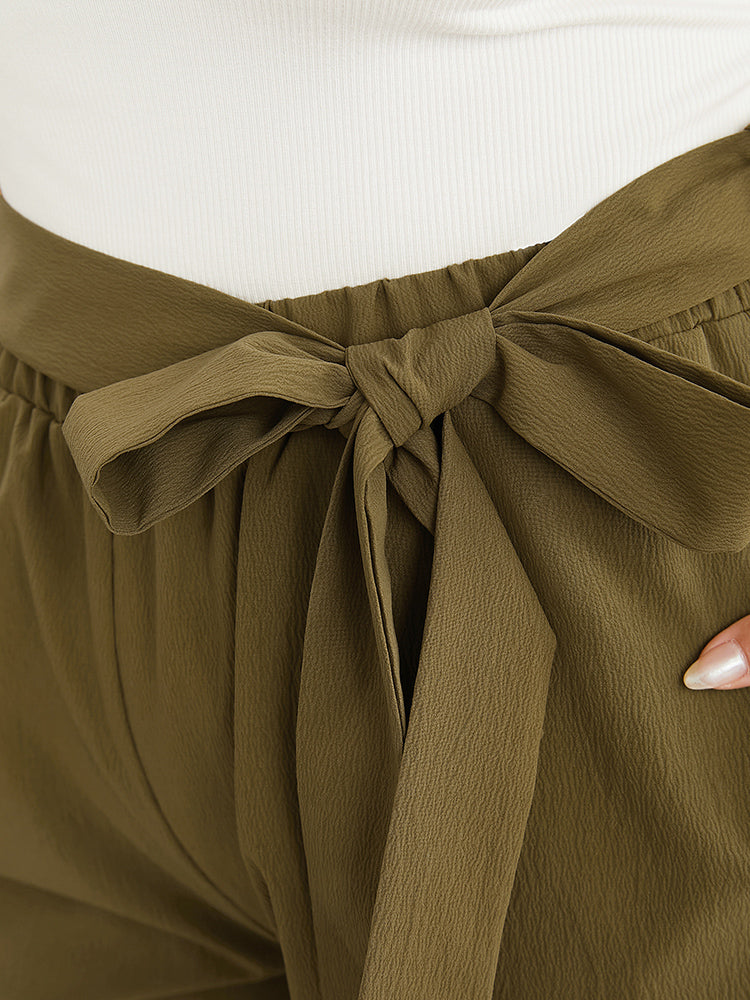 Solid Belted Pocket Scalloped Trim  Tiered Shorts