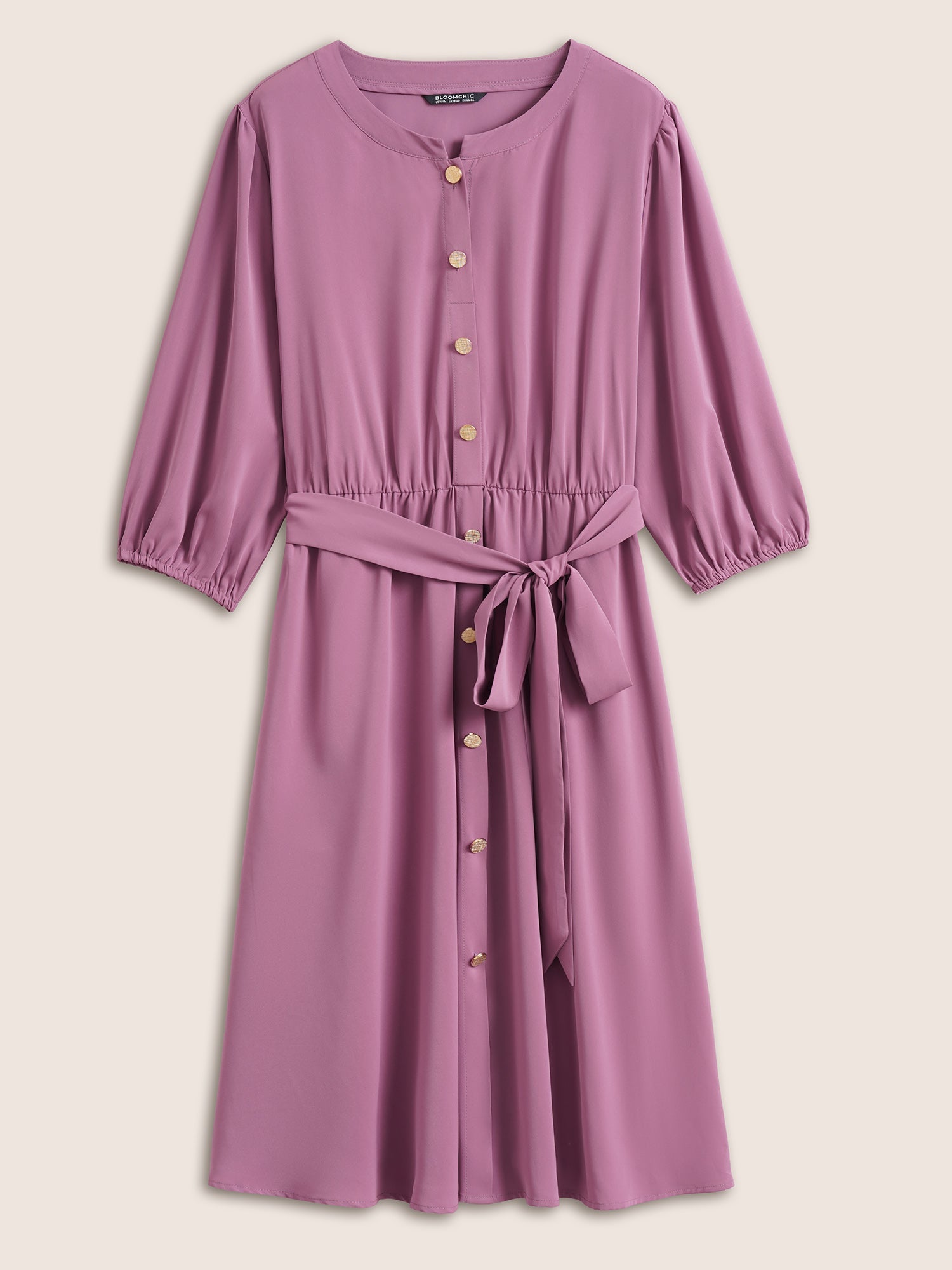 Notched Button Through Elastic Waist Belted Dress
