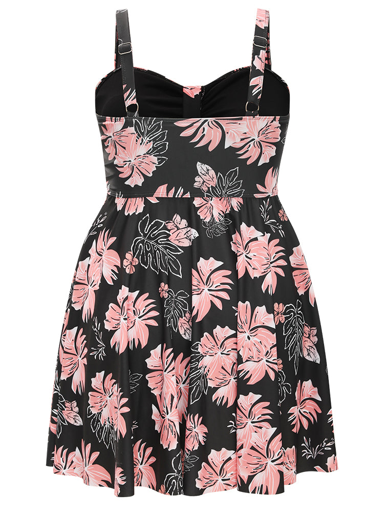 Floral Print Gathered  Adjustable Straps Swim Dress