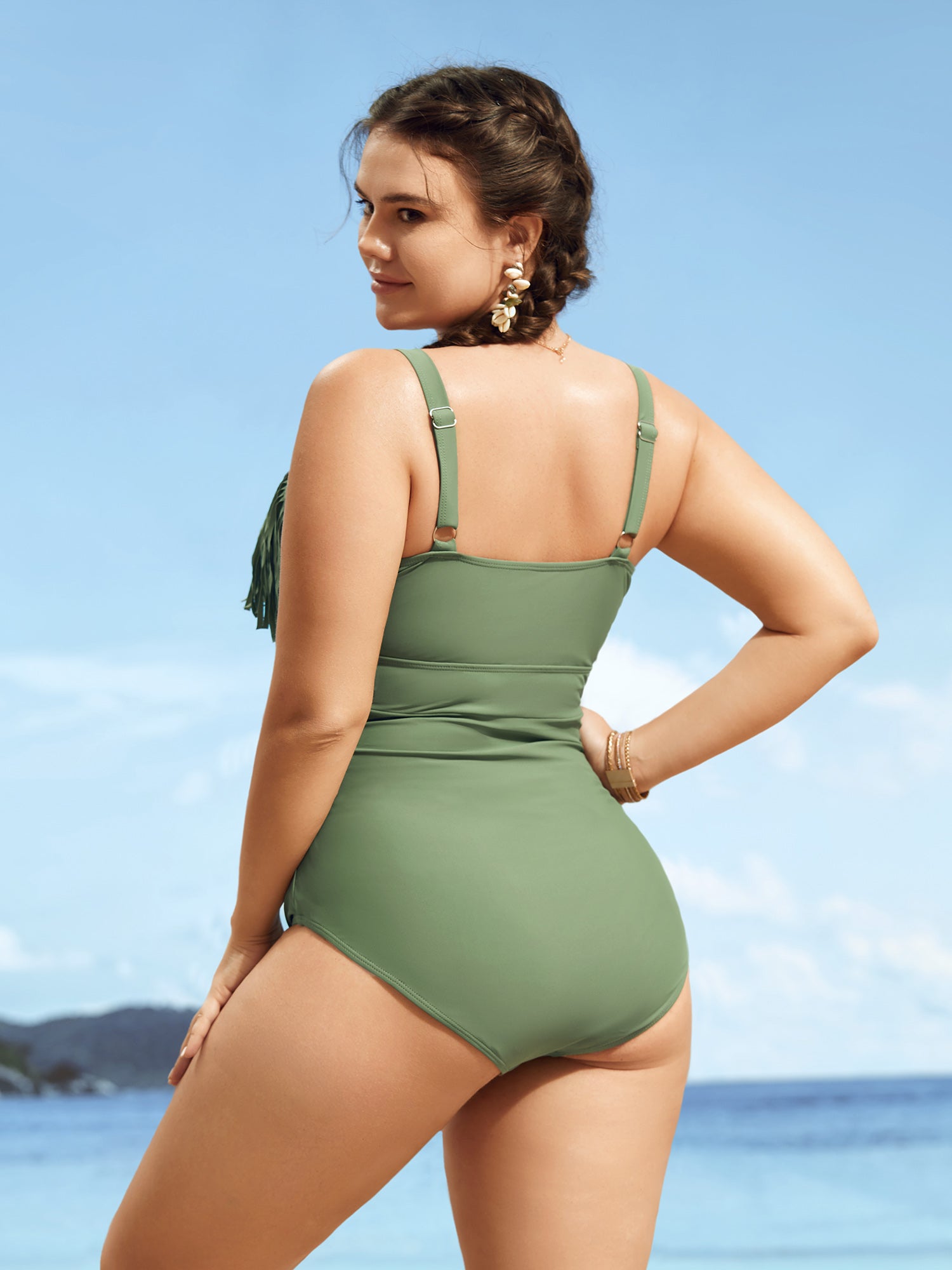 Solid Patchwork Tassel Trim One Piece Swimsuit