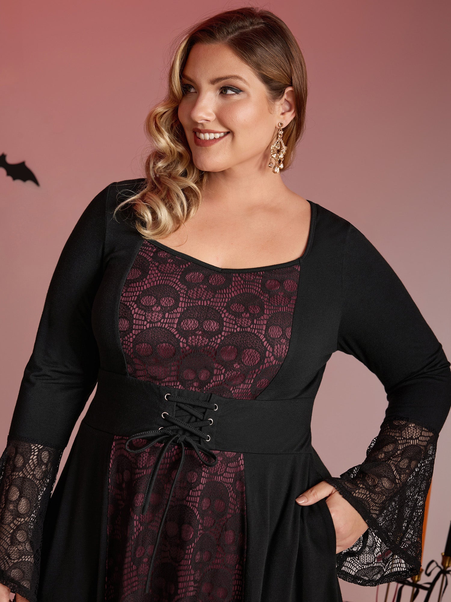 Skull Wide-Waist Tie Contrast Midi Dress