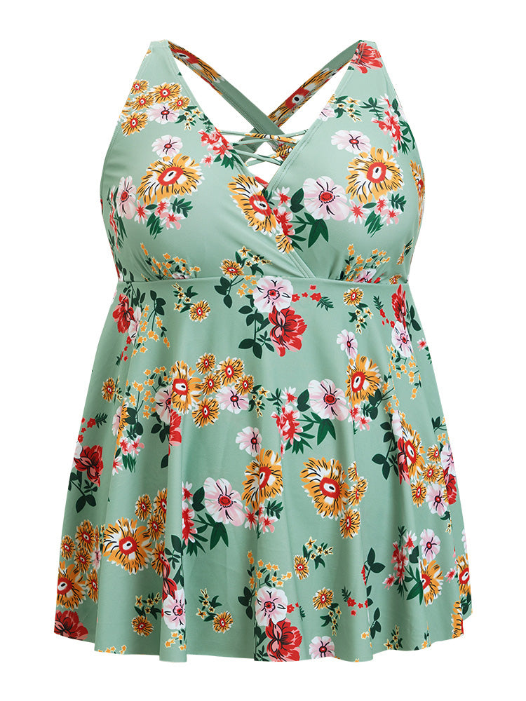 Floral Crisscross Surplice Neck Flutter Hem Swim Dress