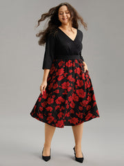 Silhouette Floral Print Patchwork Surplice Neck Dress