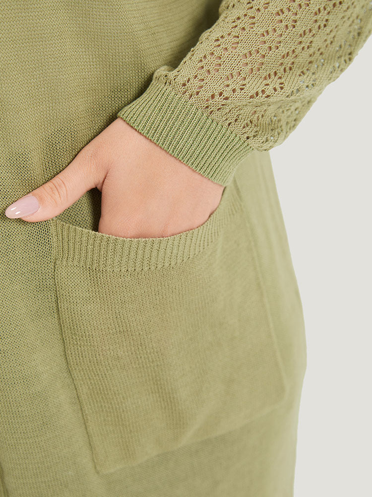 Solid Patched Pocket Geometric Eyelet Raglan Sleeve Cardigan