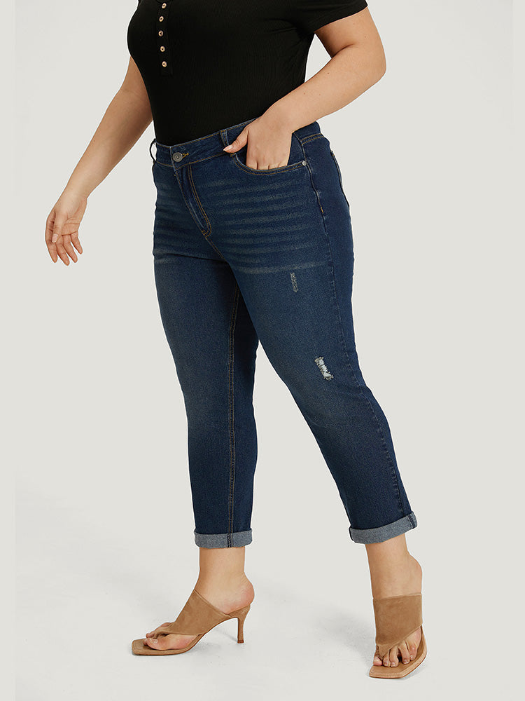 Solid Ripped Pocket Roll Hem Jeans