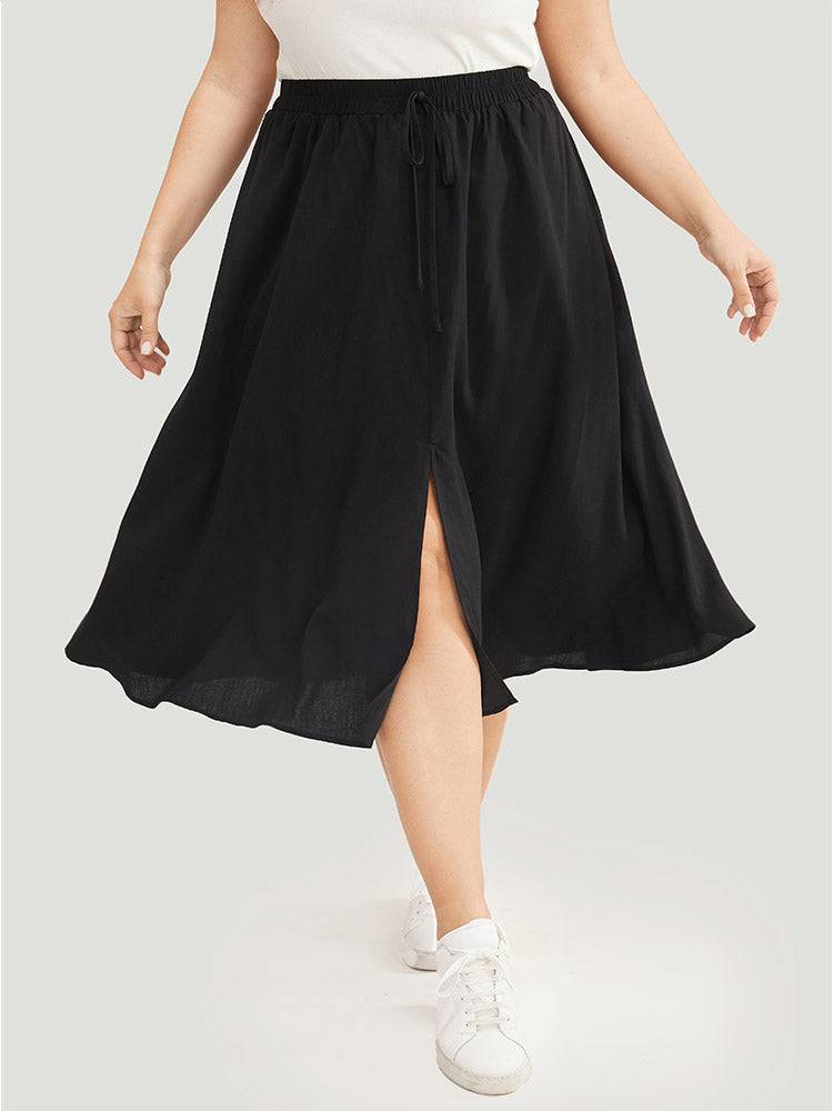 Solid Pocket Knot Elastic Waist Split Hem Skirt