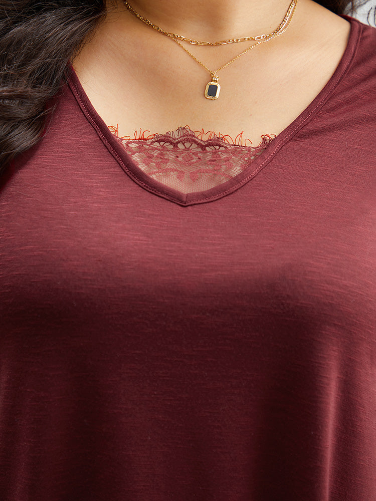 Solid Crochet Lace Mesh Hanky Hem T-shirt