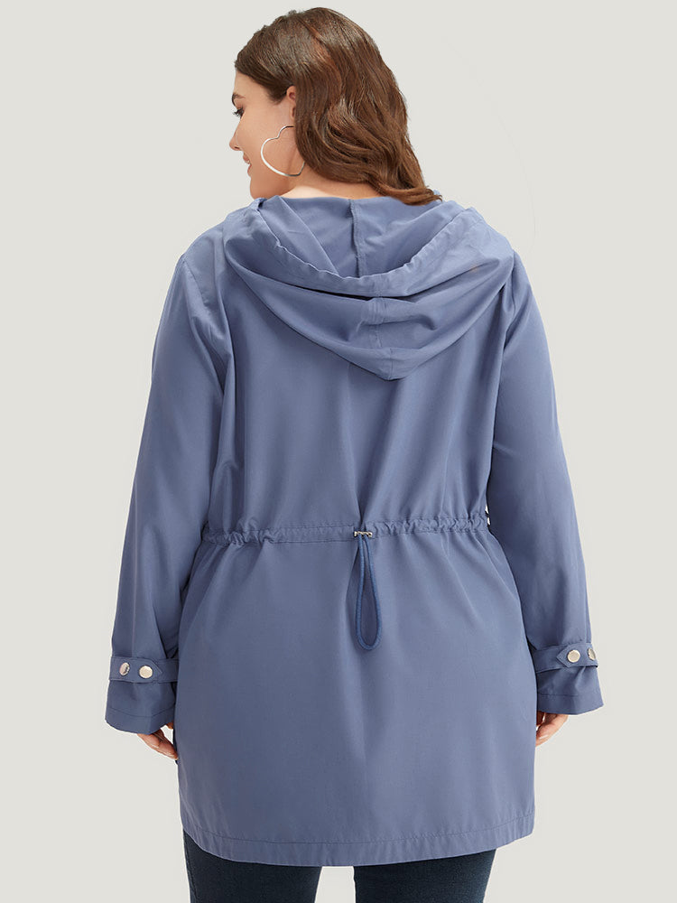 Plain Button Detail Hooded Drawstring Coat