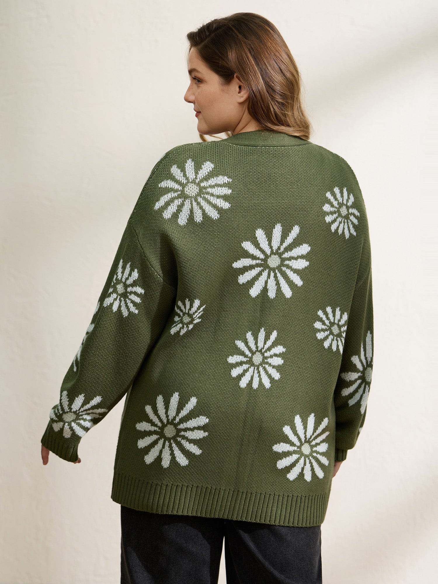 Floral Jacquard Button Pockets Knit Cardigan