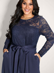 Sheer Lace Trim Belted Pockets Jumpsuit