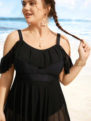 Solid Ruffle Trim Patchwork Mesh Swim Dress