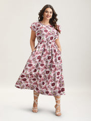 Ruffled Floral Print Stretchy-Waist Midi Dress