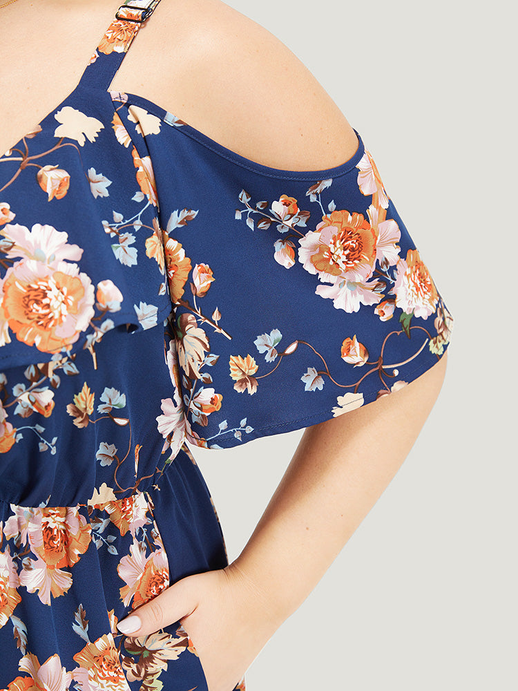 Floral Print Ruffle Trim  Elastic Waist Cold Shoulder Dress