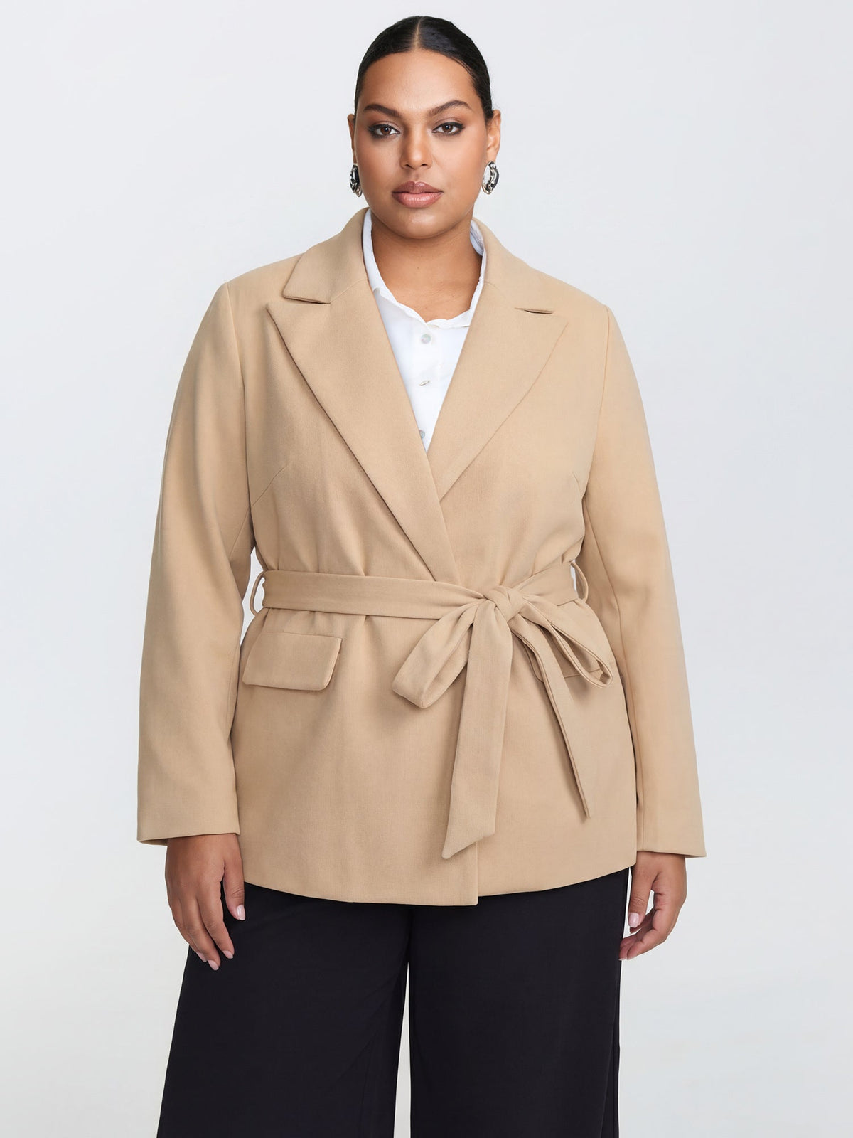 Textured Belted Plain Blazer