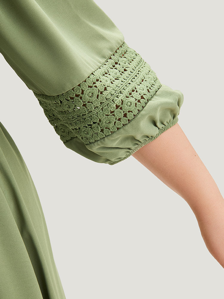 Solid Shirred Square Neck Guipure Lace Dress