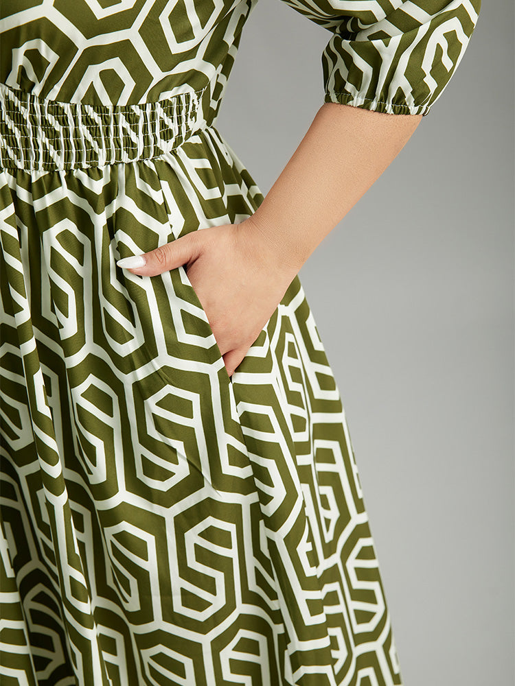 Geometric Print V Neck Shirred Dress
