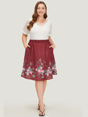Floral Print Pocket Flutter Hem Skirt