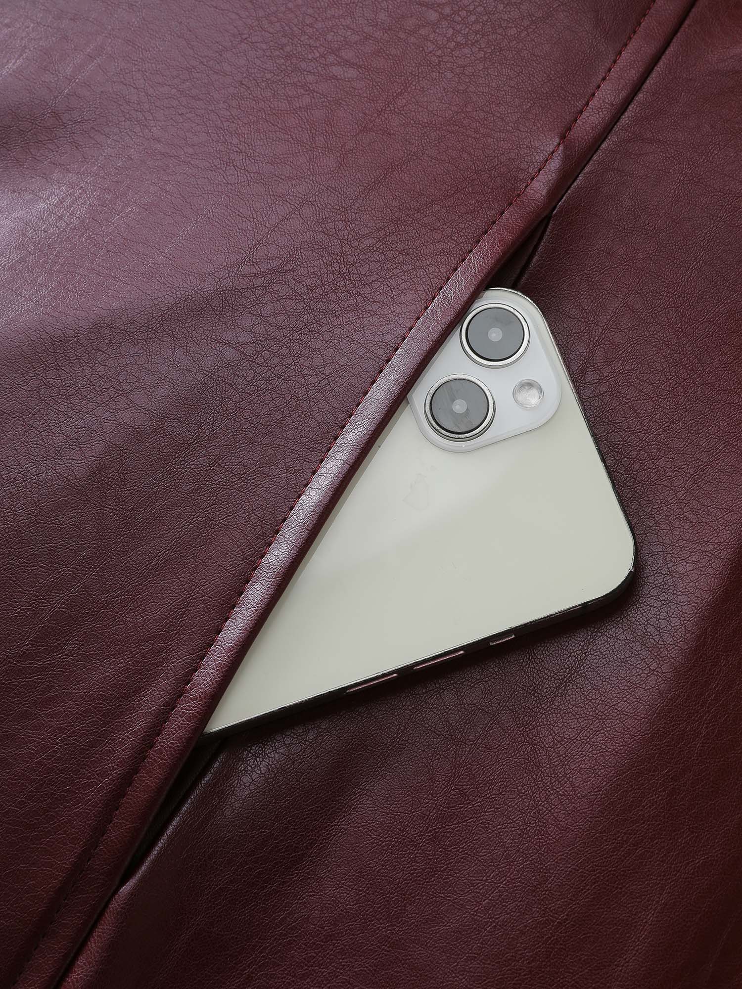 Artificial Leather Belted Waist Long Coat