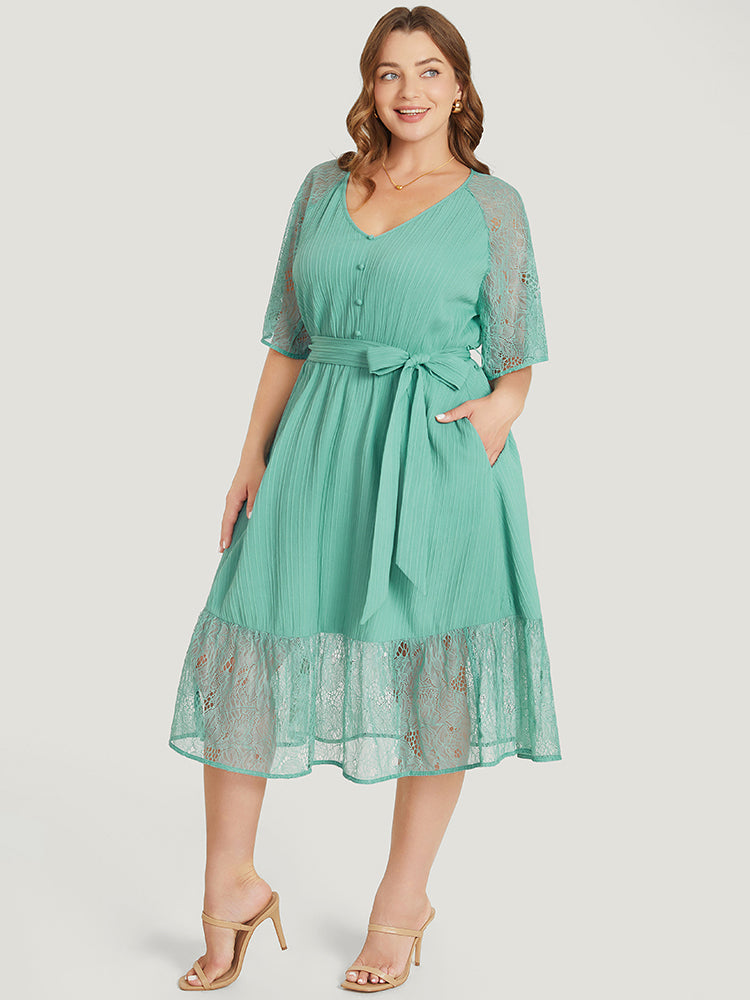 Plain Pocket Lace Raglan Sleeve Ruffle Belted Plisse Dress