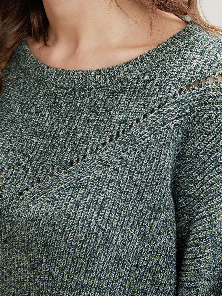 Solid Pointelle Knit Round Neck Cut Out Heather Knit Top