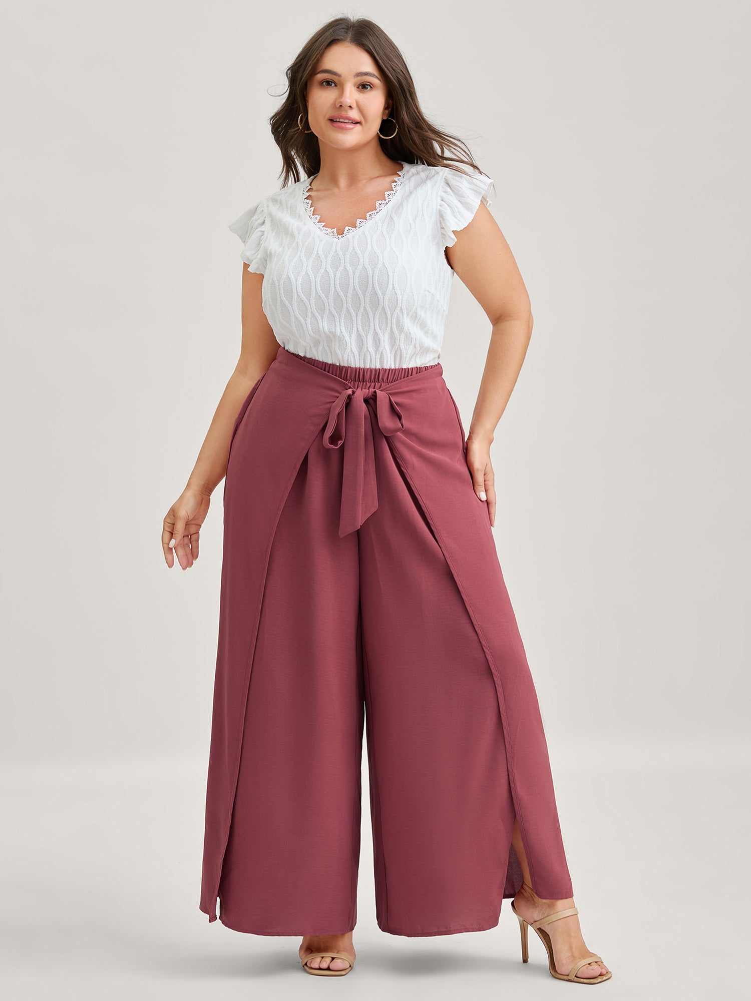 Belted Front Overlap Wide-Leg Pants