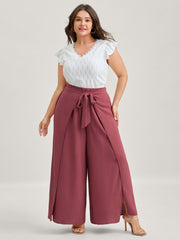 Belted Front Overlap Wide-Leg Pants