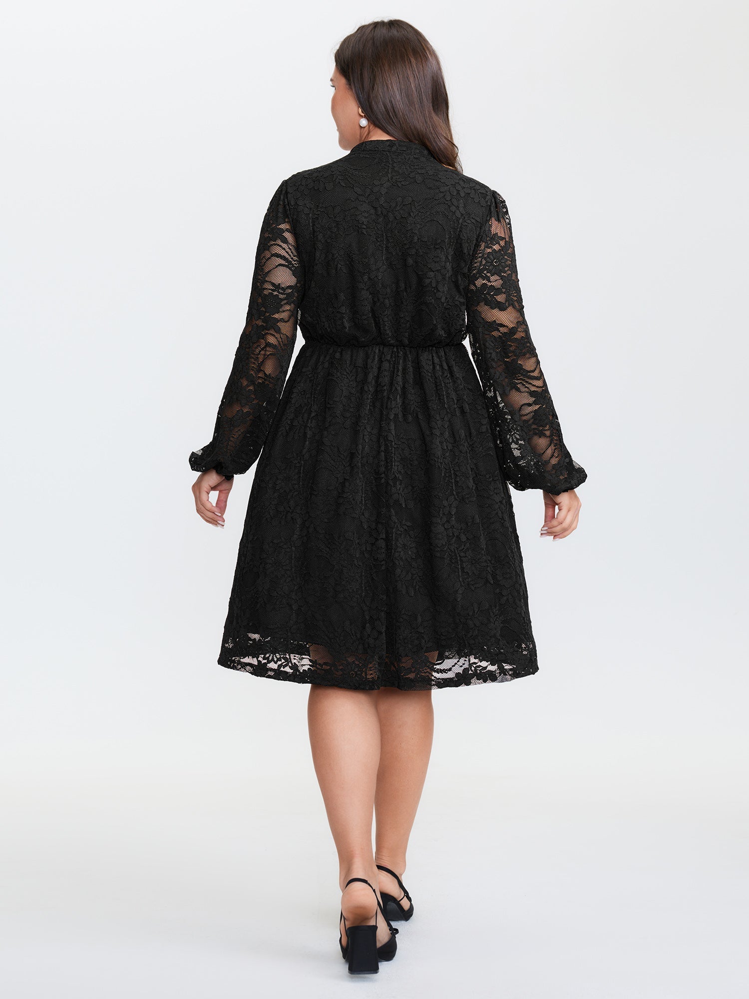 Sheer Lace Sleeve Waist-Defining Midi Dress