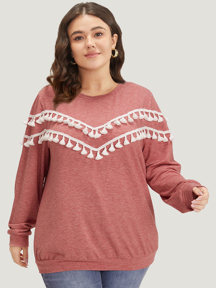 plain Heather Crew Neck Tassel Trim Sweatshirt