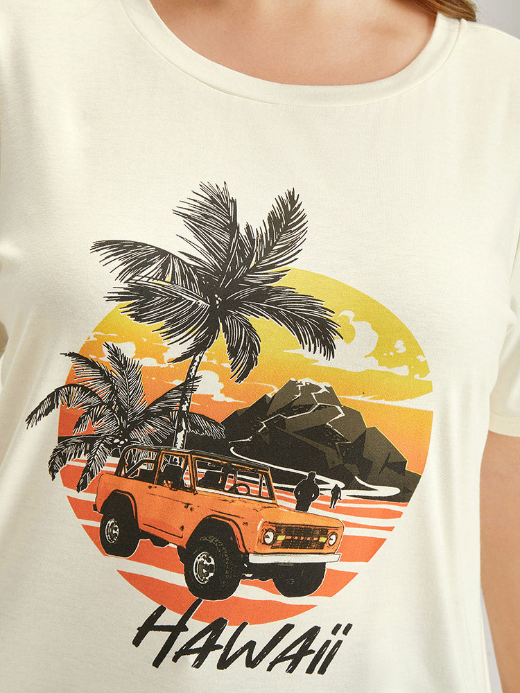 Coconut Tree & Car Print Crew Neck T-shirt