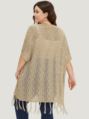 Solid Fringe Trim Geometric Eyelet Batwing Sleeve Cardigan