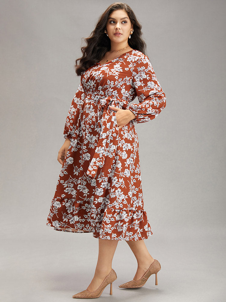 Floral Print Elastic Cuffs Ruffle Hem Dress
