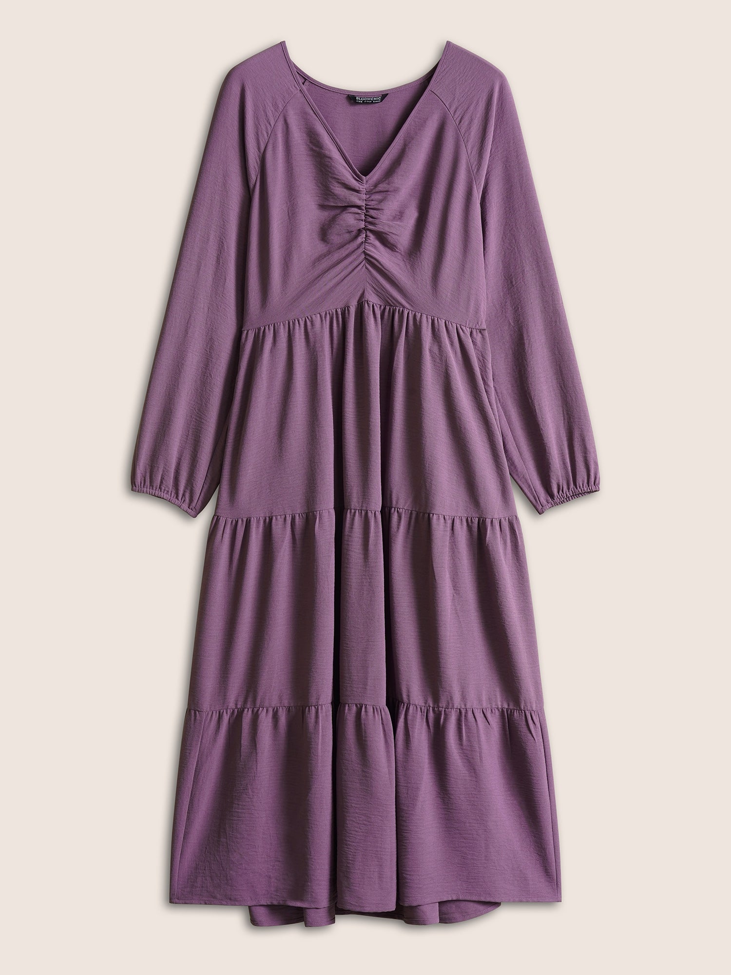 Solid Ruched Raglan Sleeve Layered Hem Dress