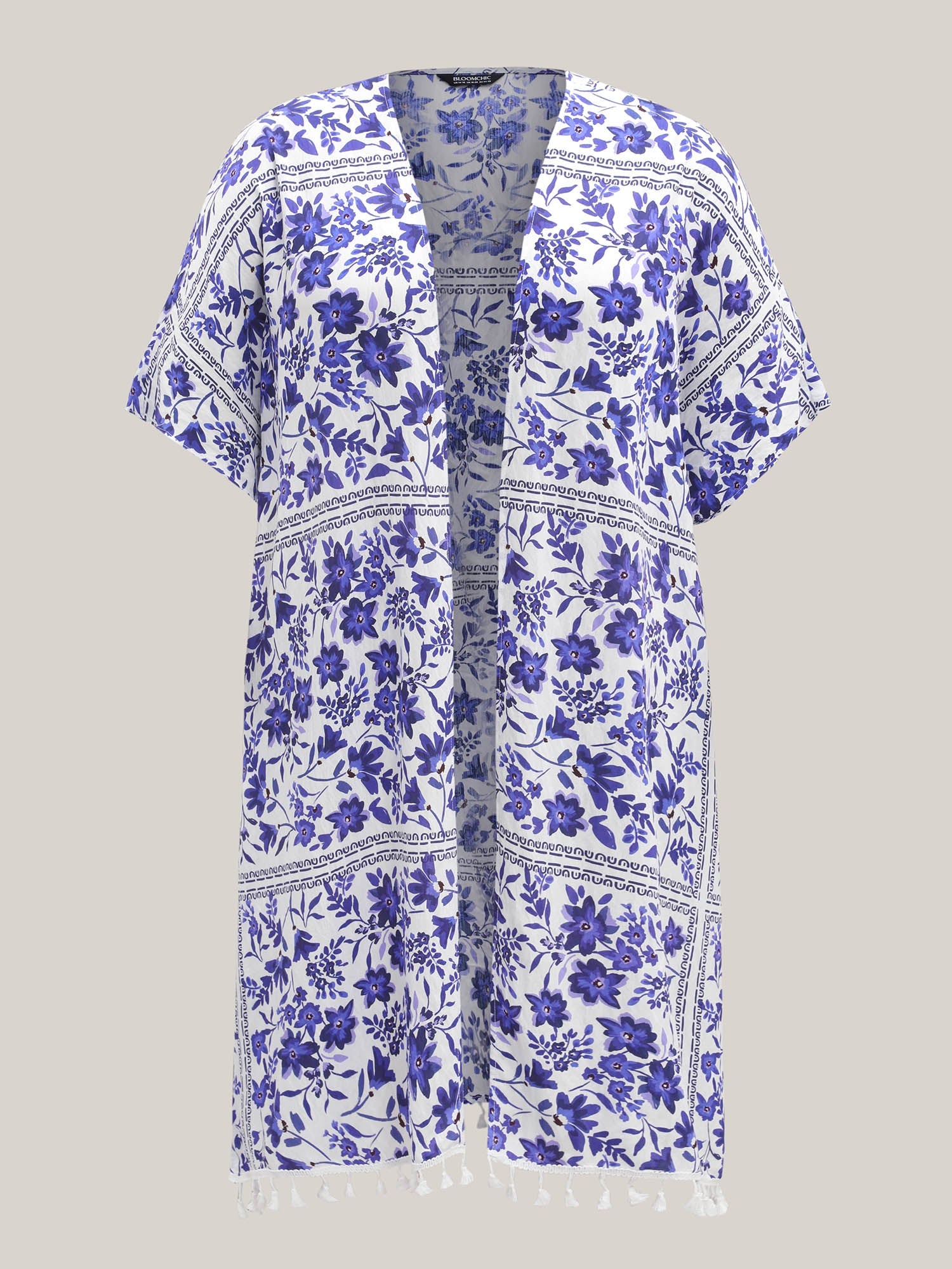 Floral Print Lace Tassels Slit Kimono