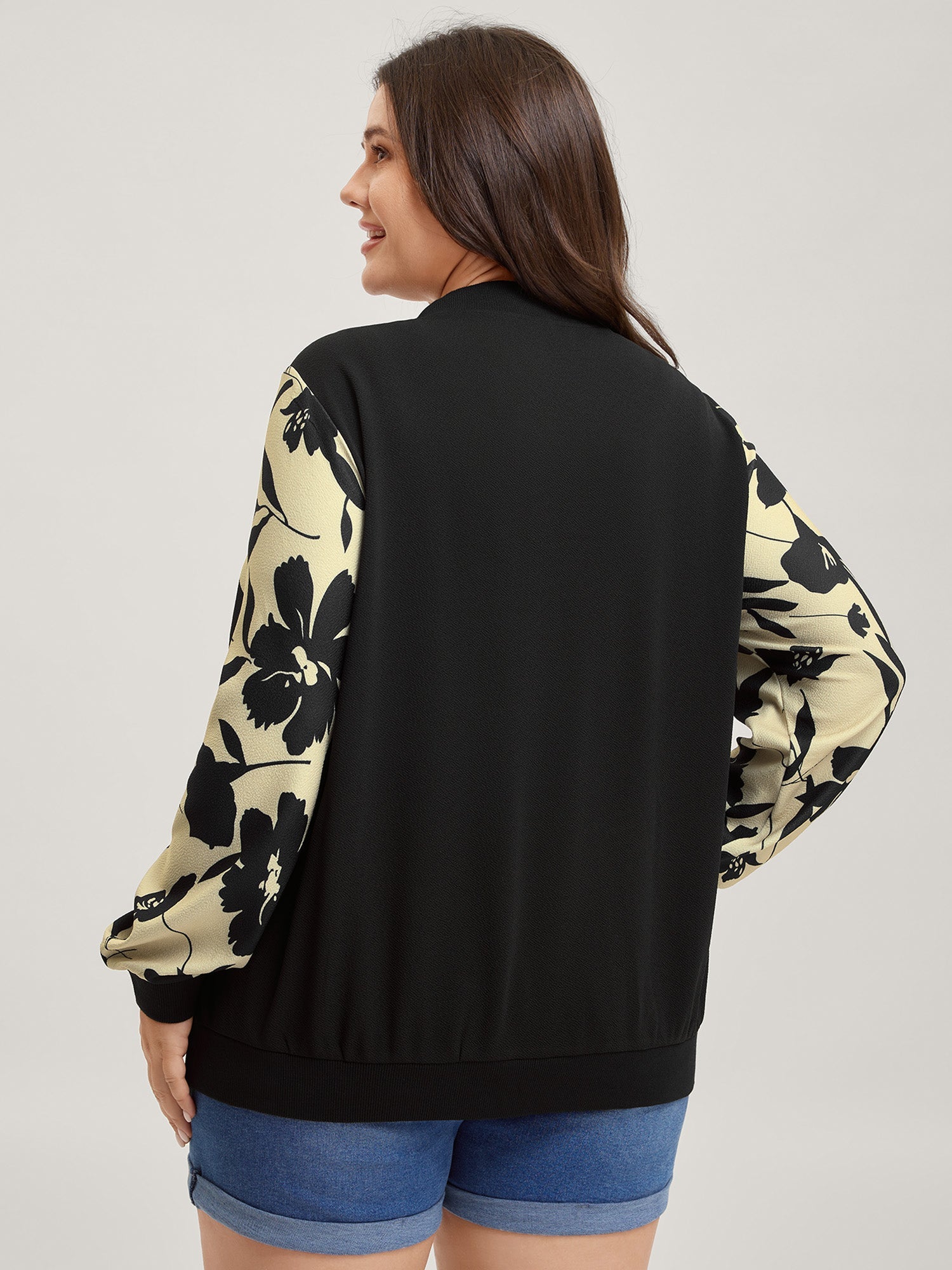 Silhouette Flower Print Zipper-Front Jacket
