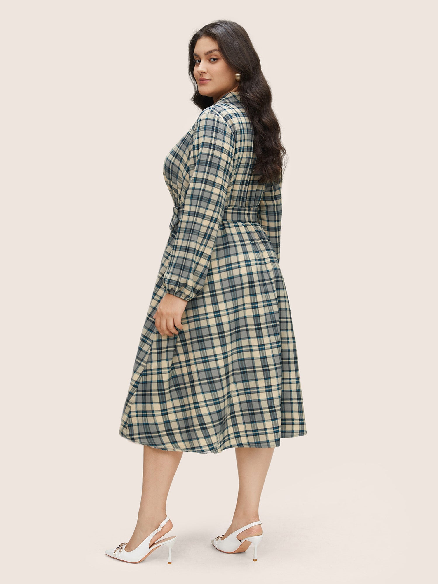 Plaid Suit Collar Pocket Belted Dress
