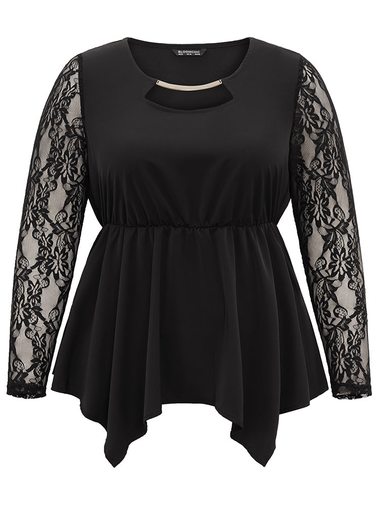 Guipure Lace Metal Detail Cut Out Hanky Hem Blouse