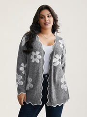 Floral Pattern Open-Front Knitted Cardigan