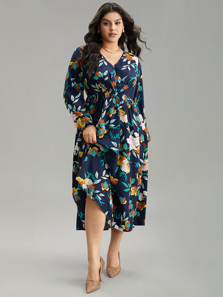 Floral Print Shirred Lantern Sleeve Dress