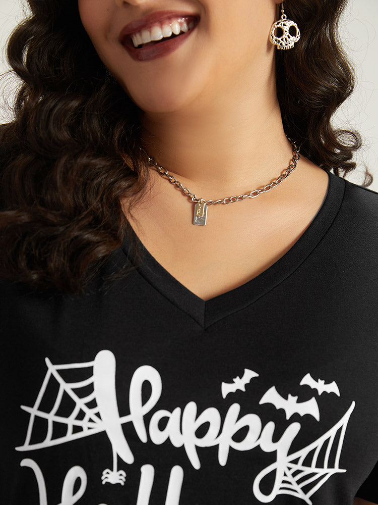 Halloween Letter Print V Neck T-shirt